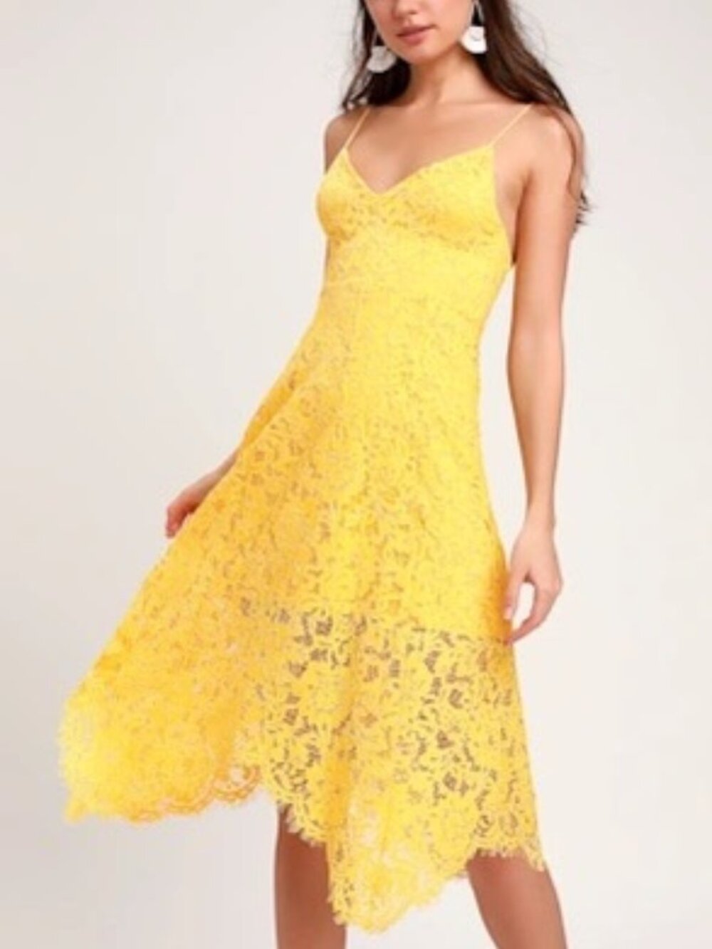 NWT Lulus Yellow Lace Summer Time Midi Dress Spaghetti Straps Size Small
